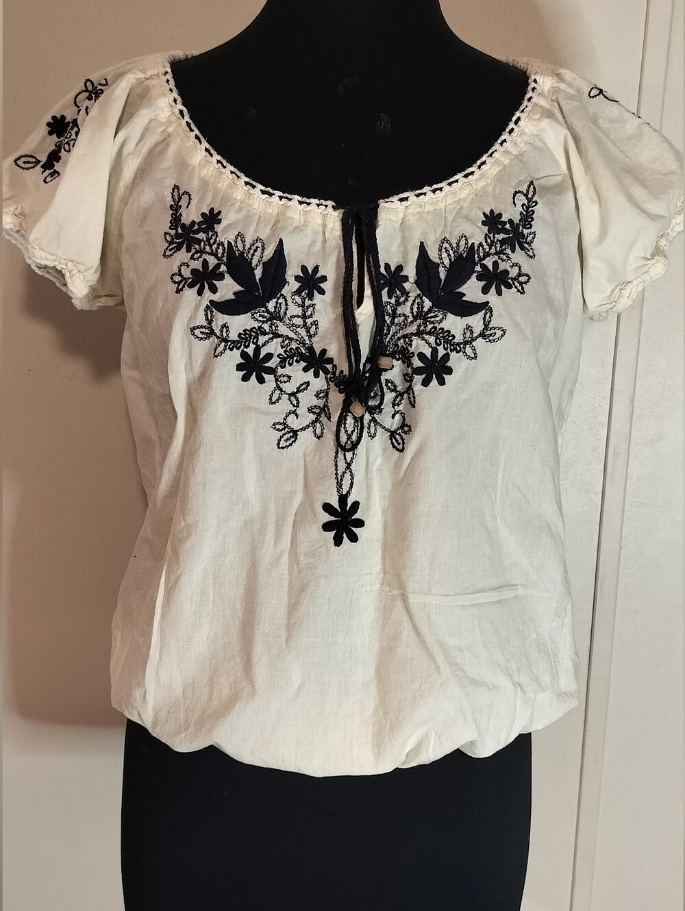 Vanilla Star White Peasant Top with Black Floral Embroidery
